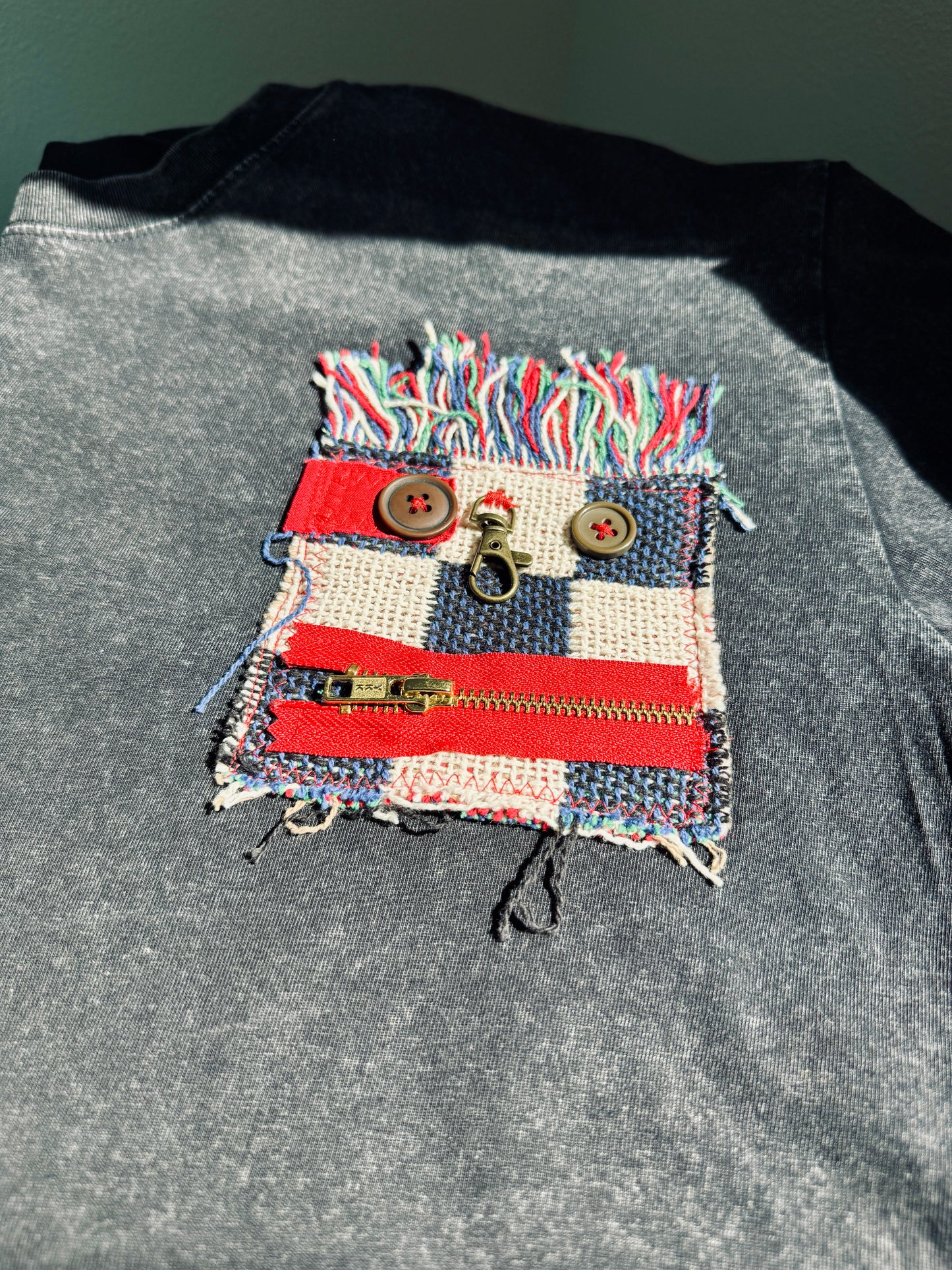 Handmade Smiley Face Patch Shirt - Black