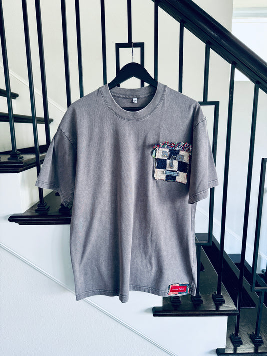 Handmade Smiley Face Patch Shirt - Gray