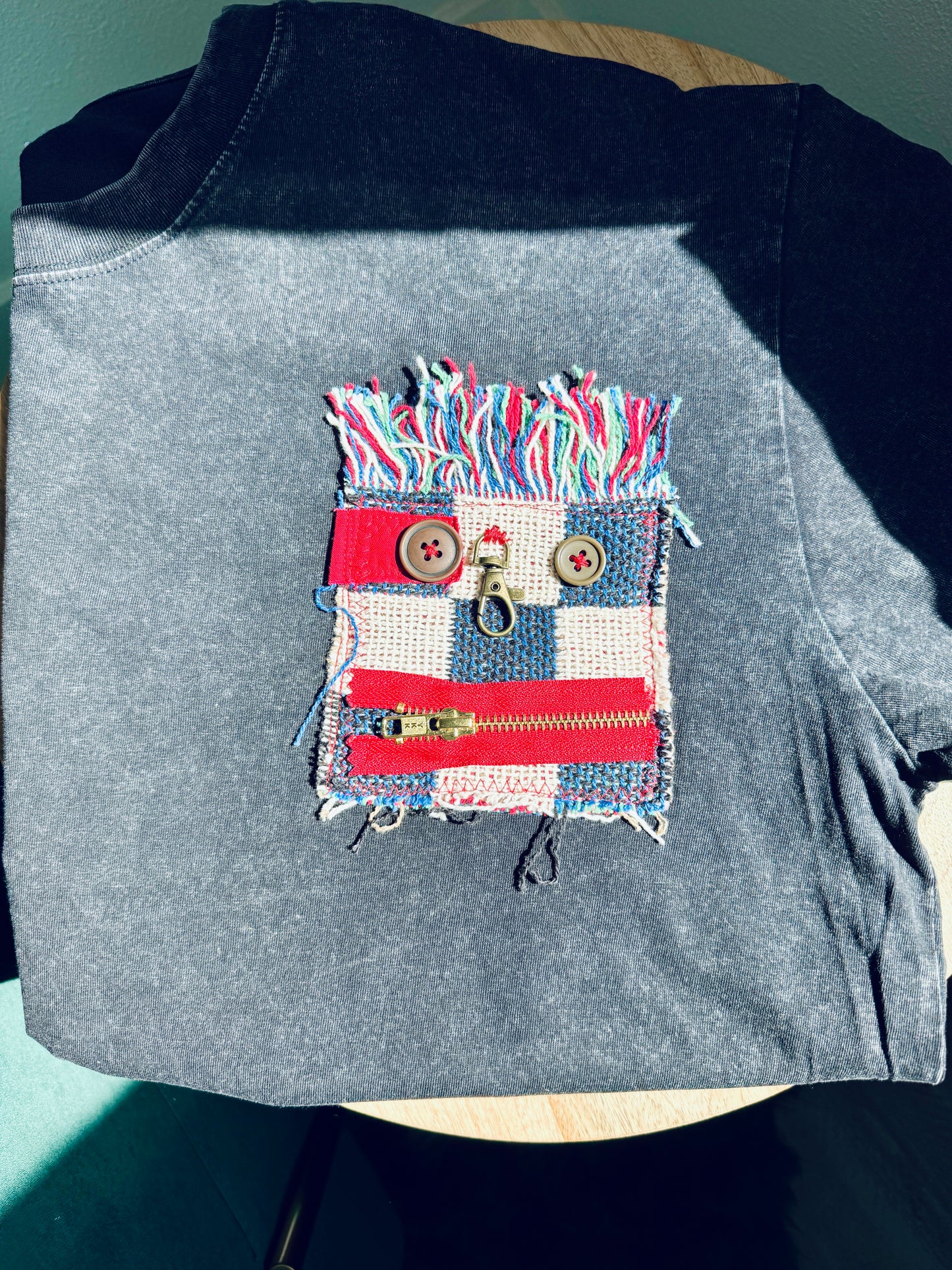 Handmade Smiley Face Patch Shirt - Black